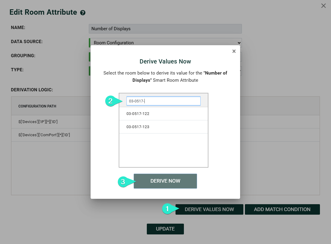 Derive Values Now modal running a new Smart Room Attribute against a selected set of rooms to preview results