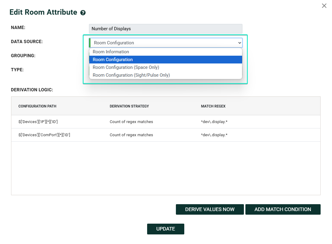 Smart Room Attribute creation dialog with a new grouping section that segments data sources by Space and Sight/Pulse tiers