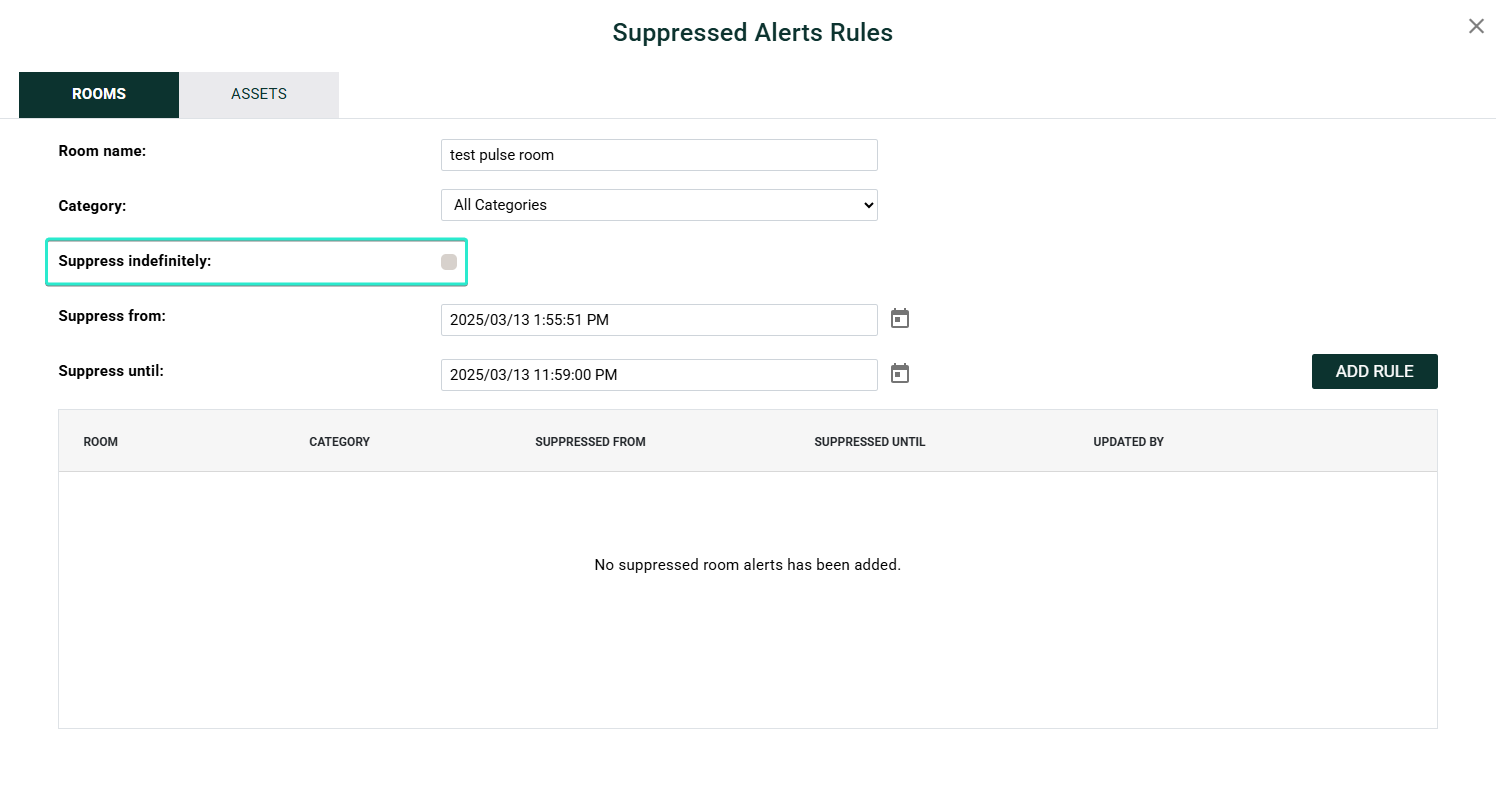 Alert suppression dialog with the new Suppress Indefinitely checkbox selected in place of a date-range picker