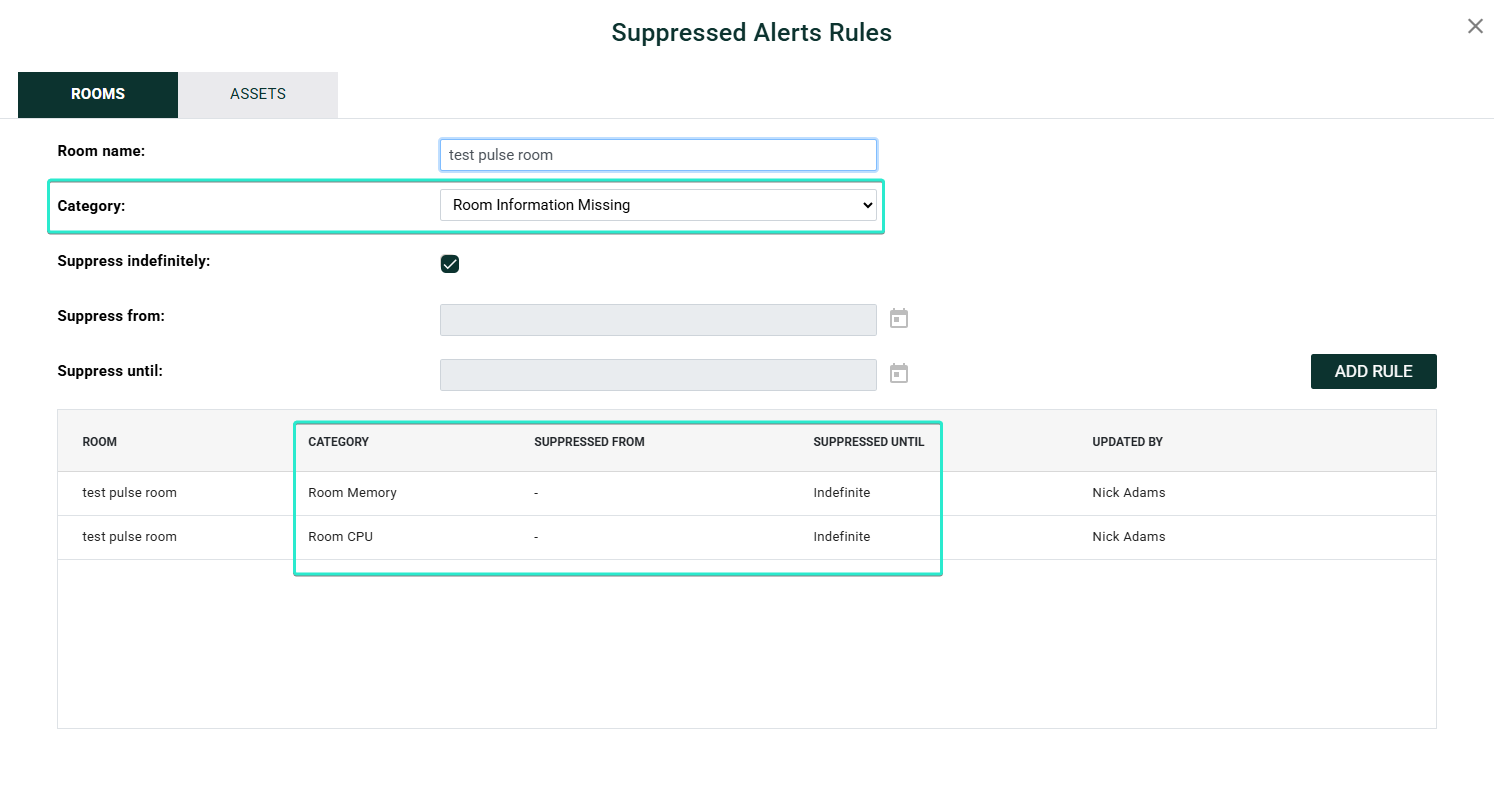 Per-room alert suppression panel listing selectable categories such as Room CPU, Room Health, and Non-Standard Room Name