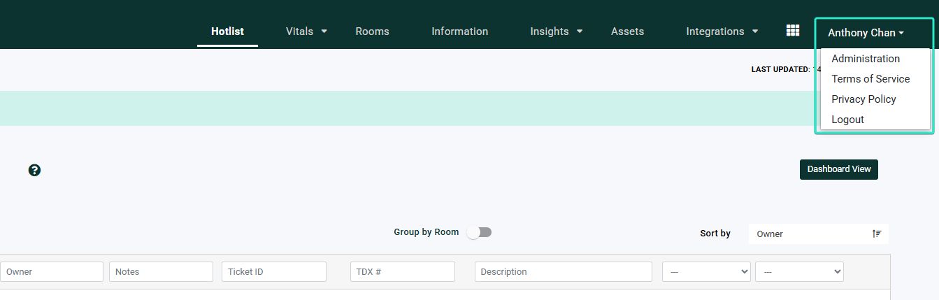 Profile menu entry linking back to the accepted Terms of Service and Privacy Policy for later review