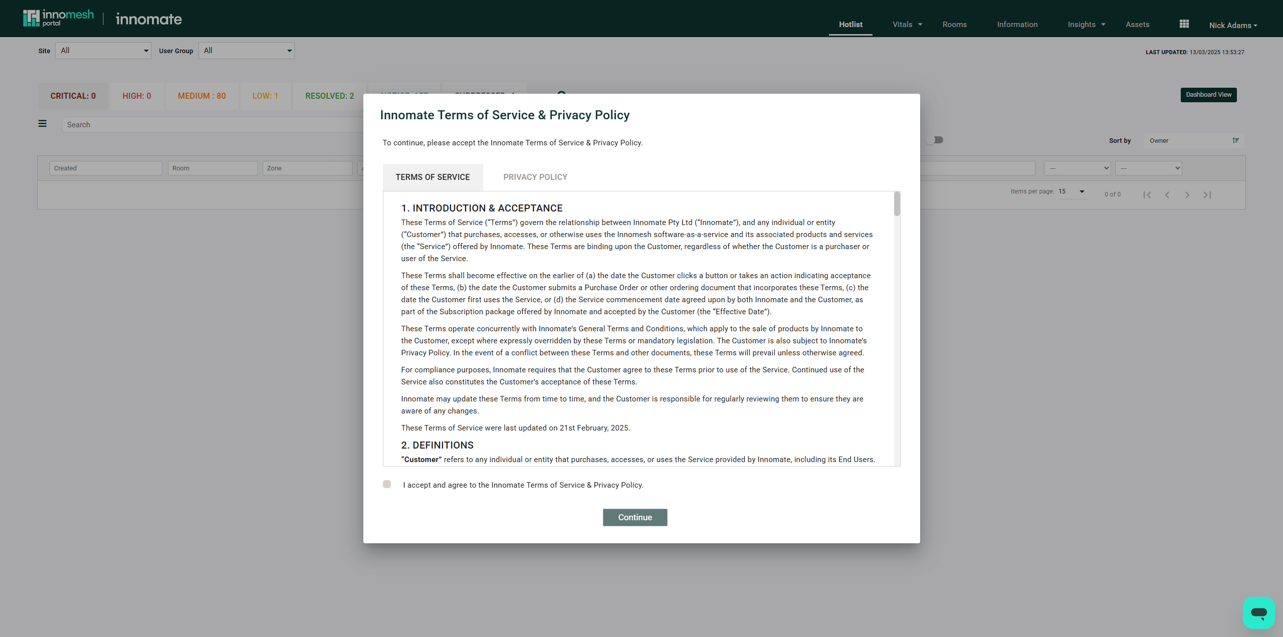 Terms of Service and Privacy Policy acceptance page shown on first login, with Accept and Decline buttons