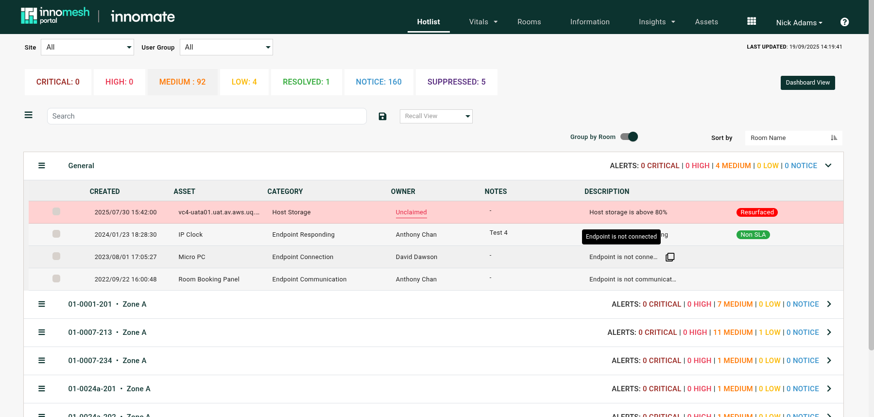 Tooltip showing the full alert description above a truncated hotlist row