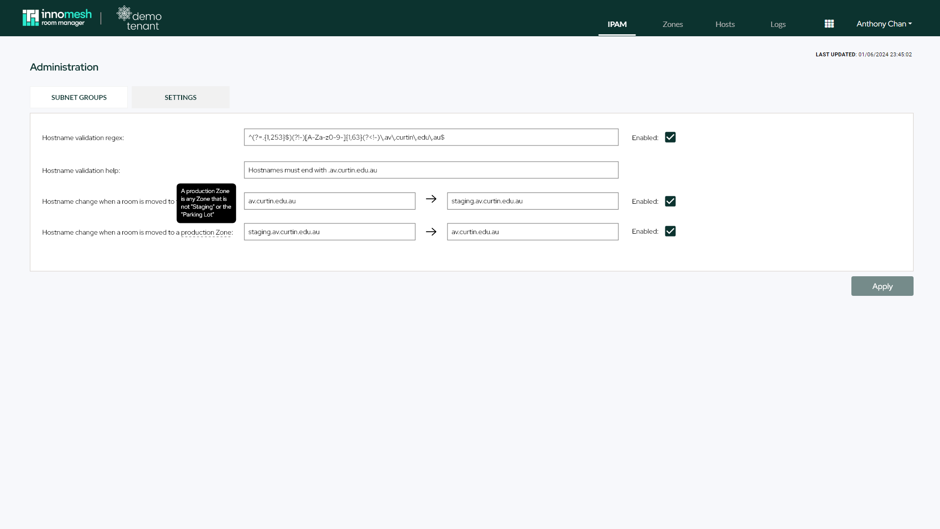 DDI Administration settings page with hostname regex and staging options