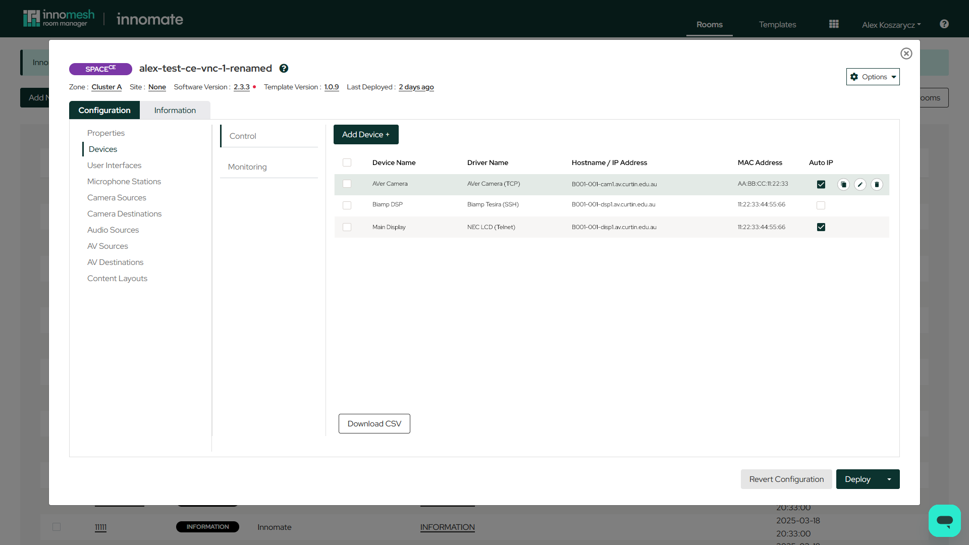 Space CE room Devices tab showing the Auto IP column with checkboxes per device