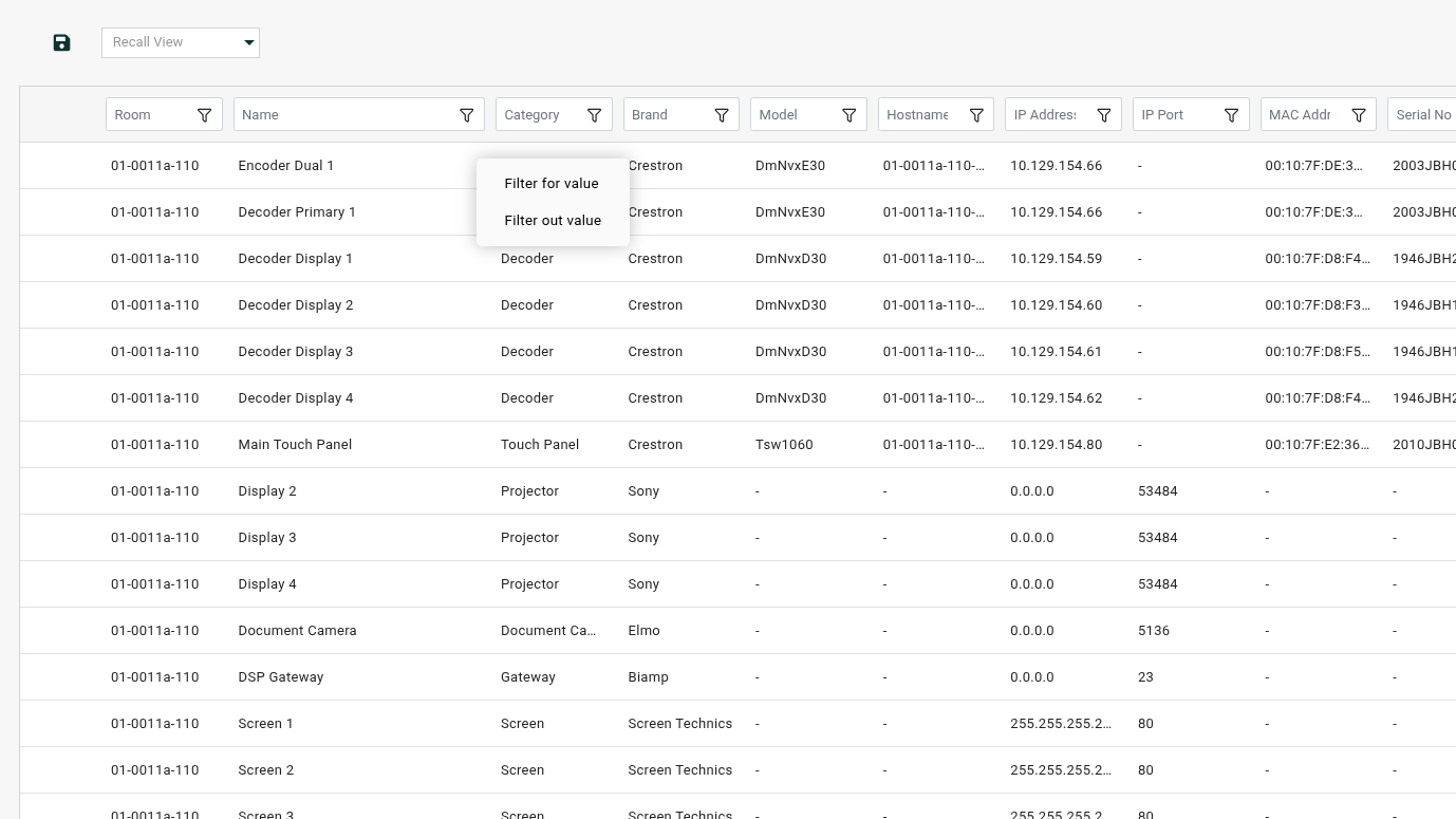 Right-click context menu with Filter for value and Filter out value options
