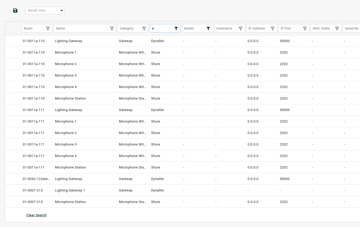 Devices table filtered by Brand ending with "e" combined with an empty Model filter