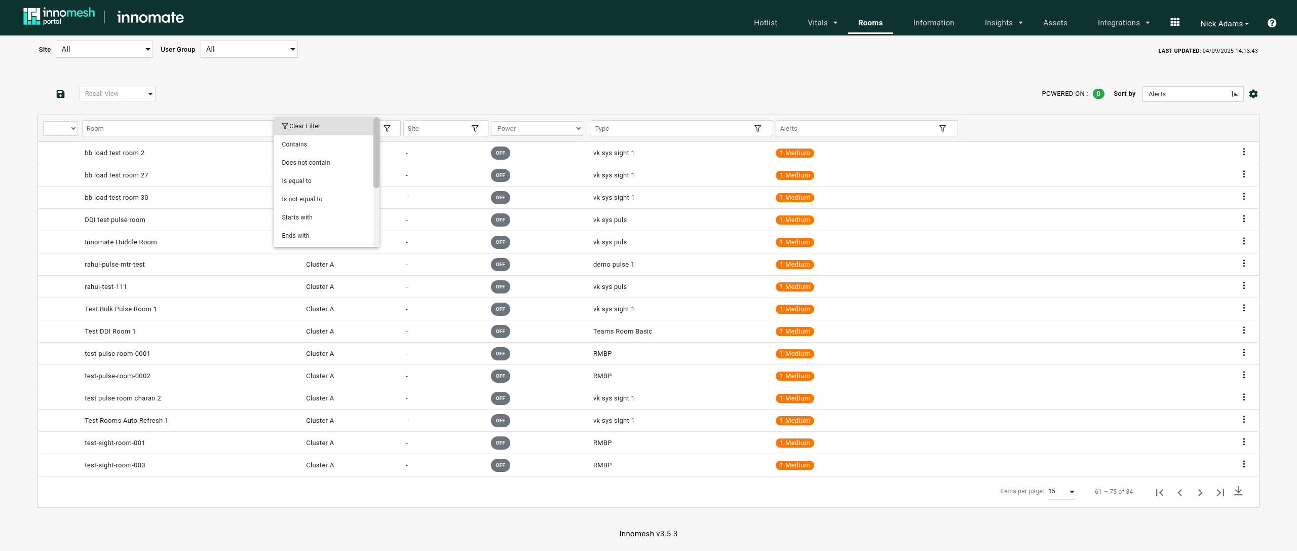 Filter conditions dropdown open on a Rooms table column with Contains, Starts with, Ends with options
