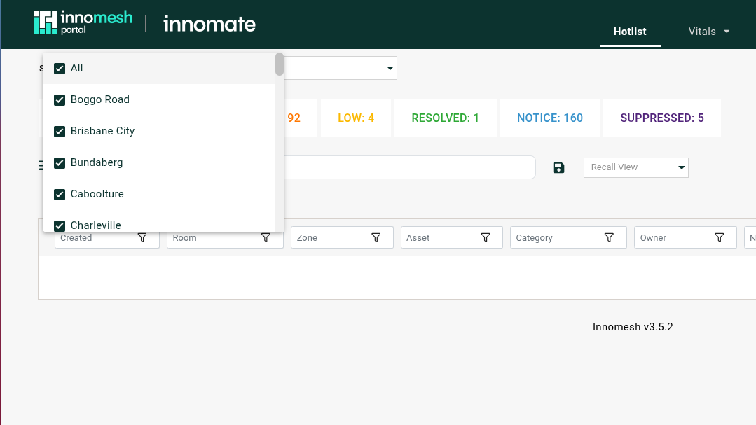 Site filter dropdown with checkboxes beside each site and a Select All option