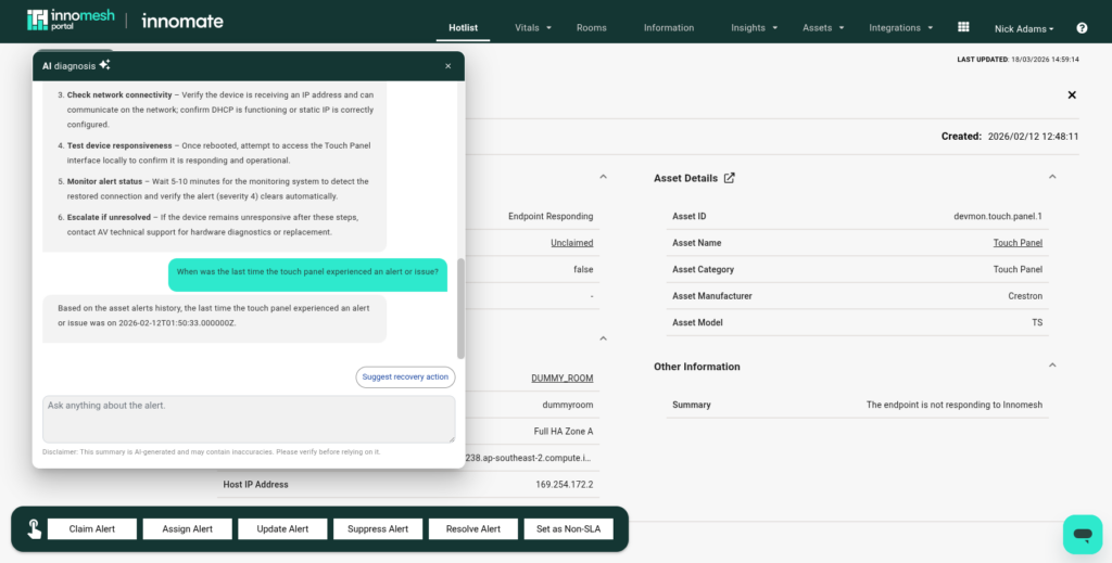 AI diagnosis chat with a user question and AI response referencing the asset's alert history