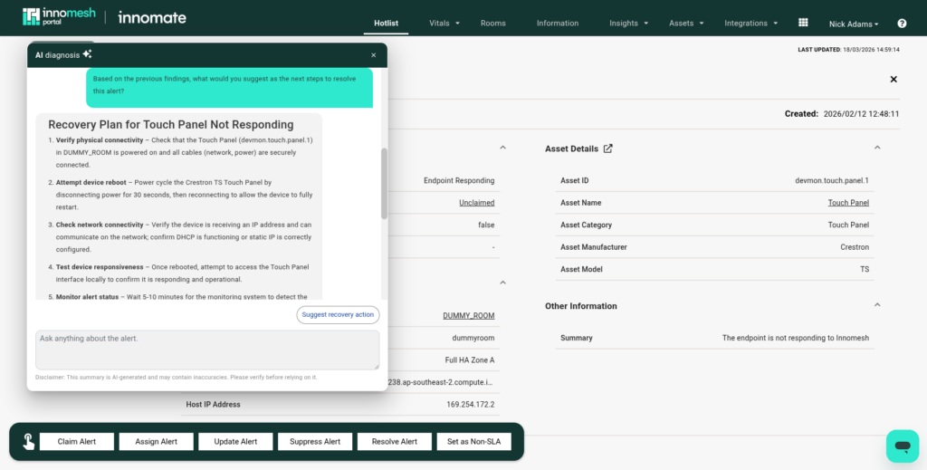 AI diagnosis panel listing a numbered Recovery Plan for a Touch Panel Not Responding
