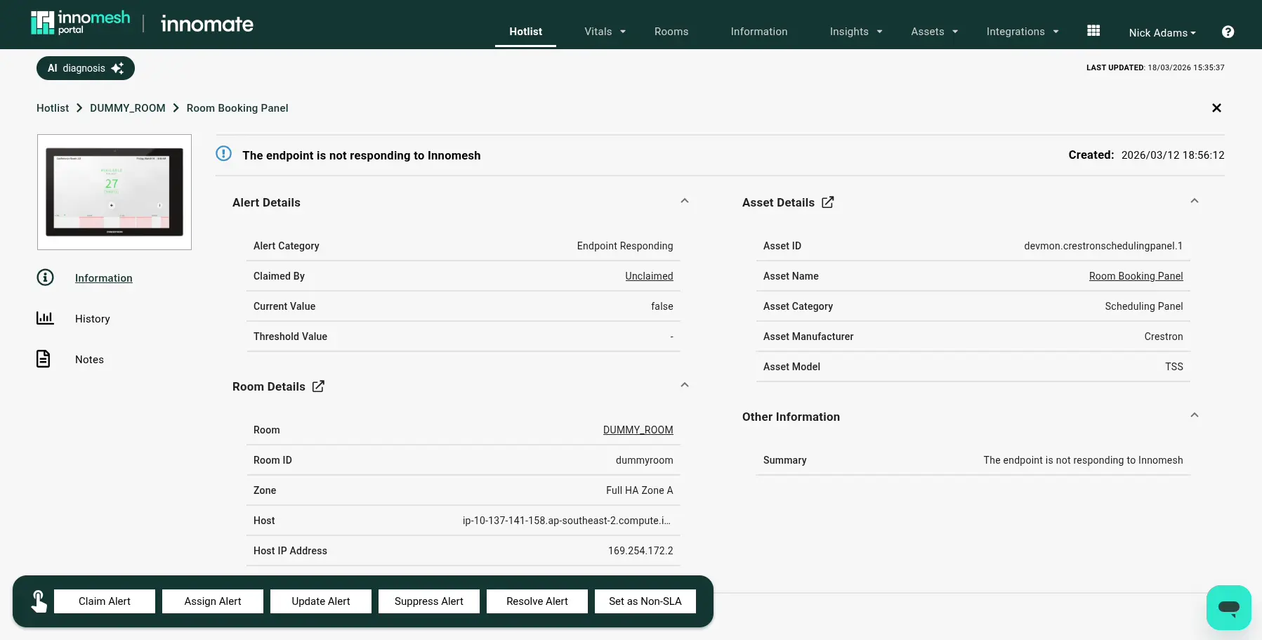 Full-page alert view with Alert Details, Room Details and Asset Details panels