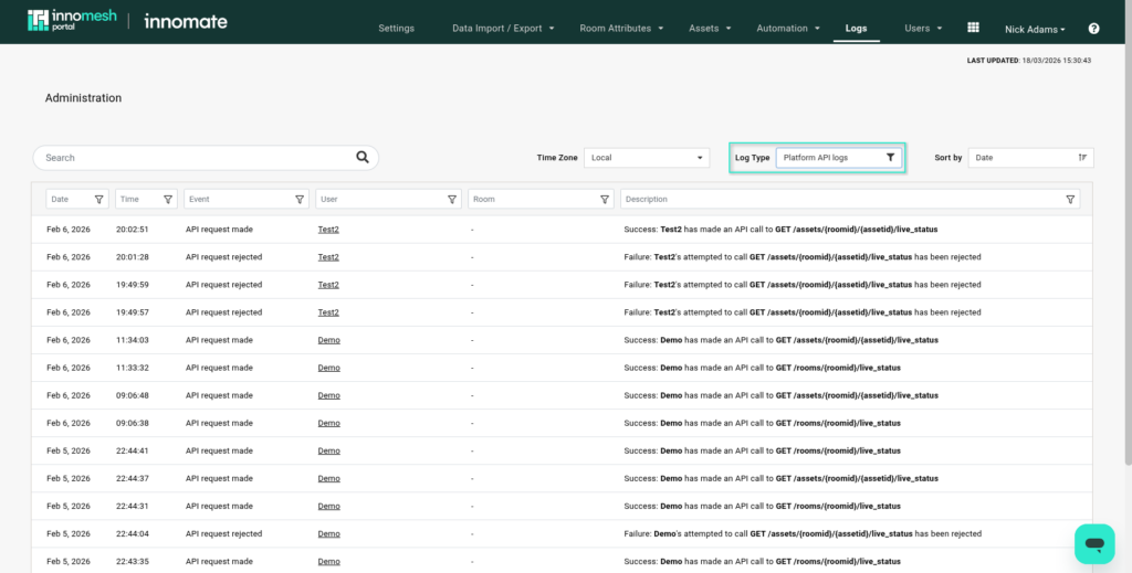 Logs page filtered by Platform API logs with successful and rejected API request entries