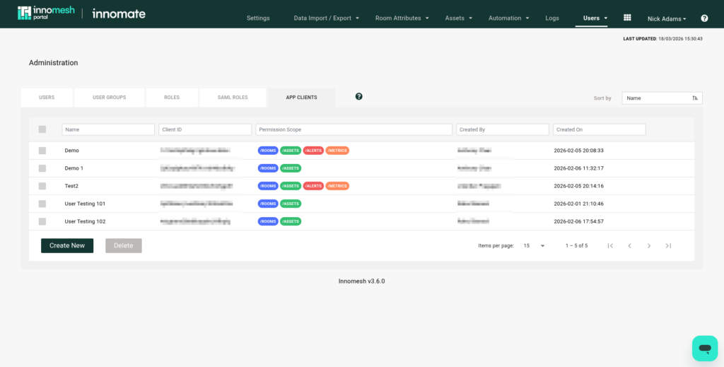 App Clients tab listing client names, IDs, permission scope badges and created metadata