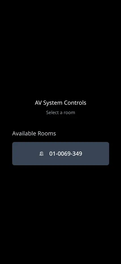Mobile AV System Controls landing screen prompting the user to select an available room