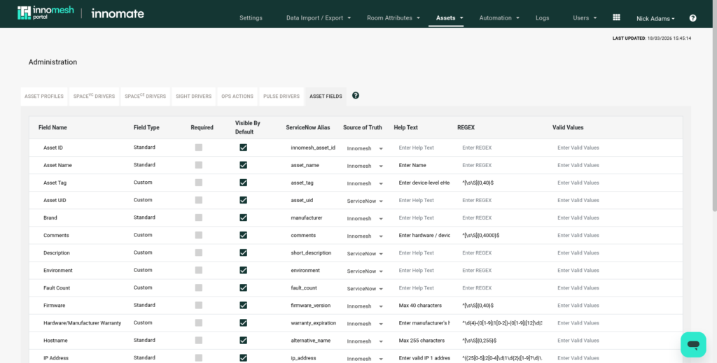 Asset Fields configuration tab with ServiceNow Alias and Source of Truth columns per field