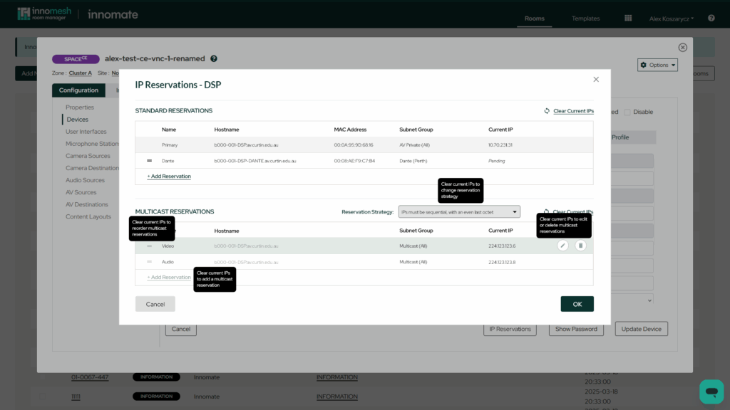 IP Reservations dialog for a DSP with Standard and Multicast reservation sections and inline help tooltips