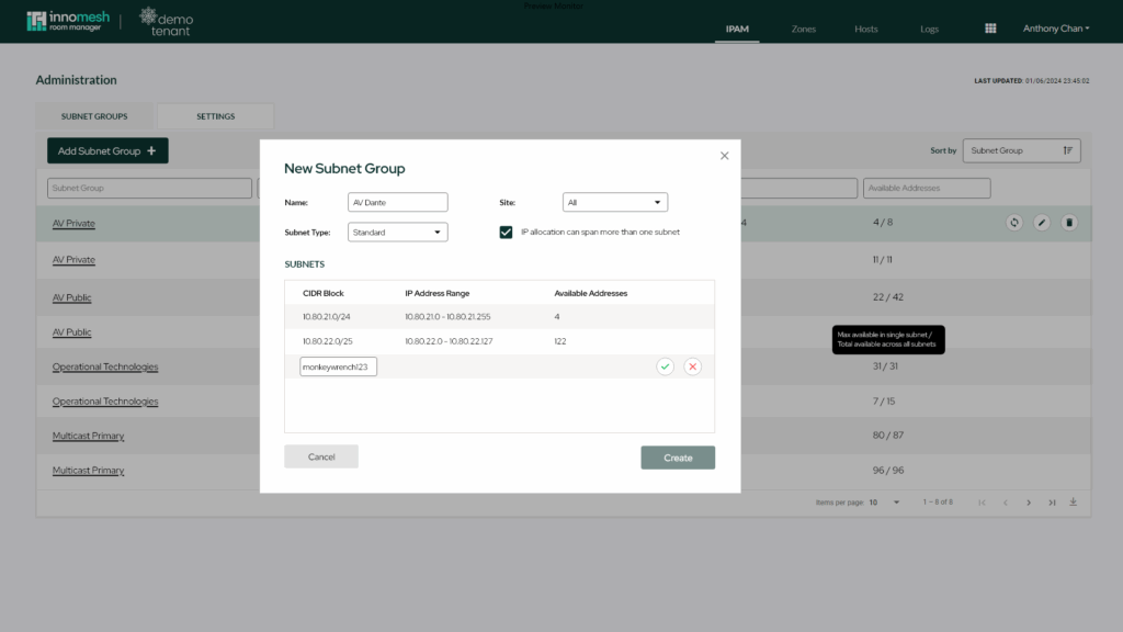 Subnet Groups admin page with a New Subnet Group dialog listing CIDR blocks and available addresses