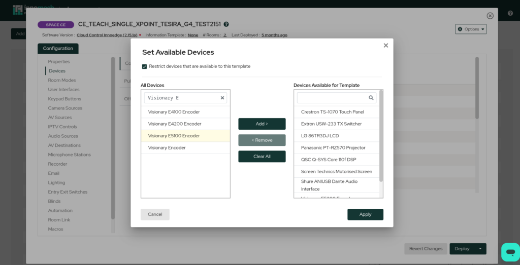 Set Available Devices dialog with All Devices and Devices Available for Template lists and Add Remove controls