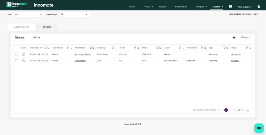 Assets Actions Schedule tab listing recurring reboot and audio-mute automations for rooms