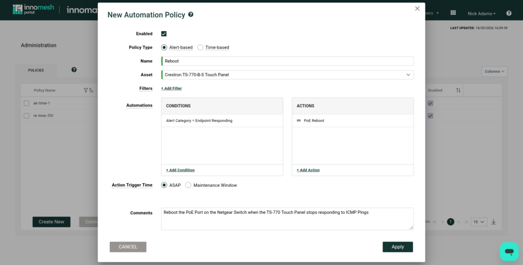 New Automation Policy dialog configuring an alert-based PoE reboot action for a touch panel