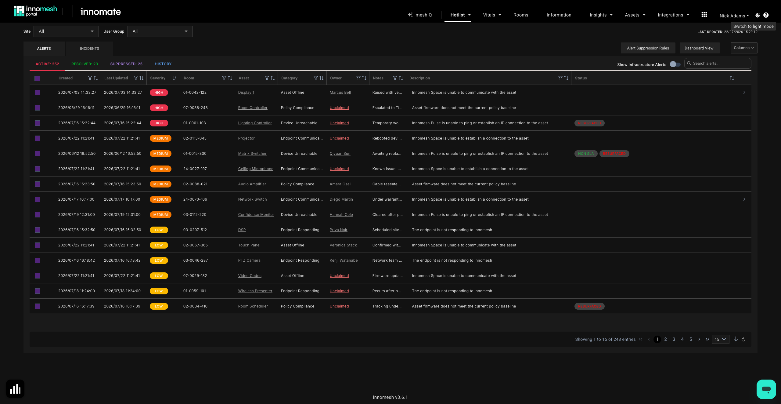 The same Hotlist alert list in dark mode on a near-black background