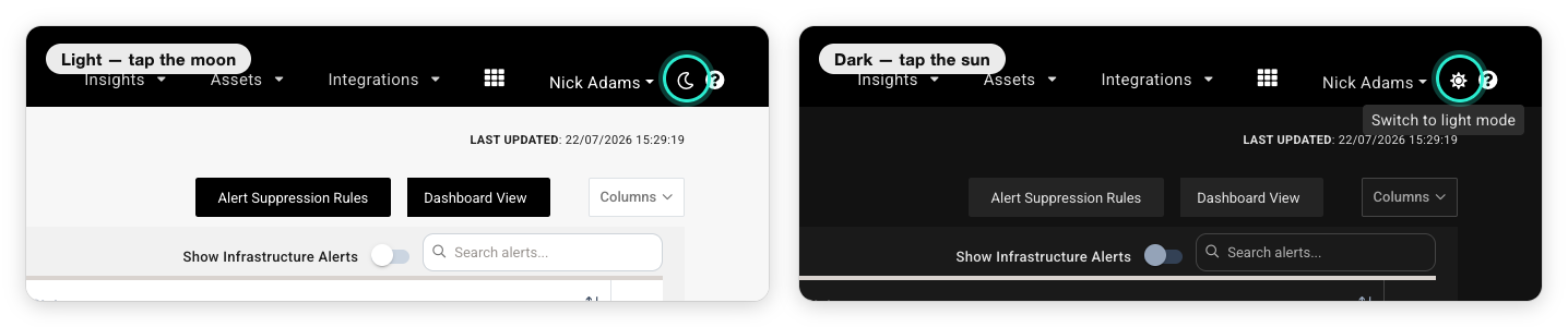 Zoomed view of the Portal header in light and dark mode, with the moon and sun toggle icon highlighted in each