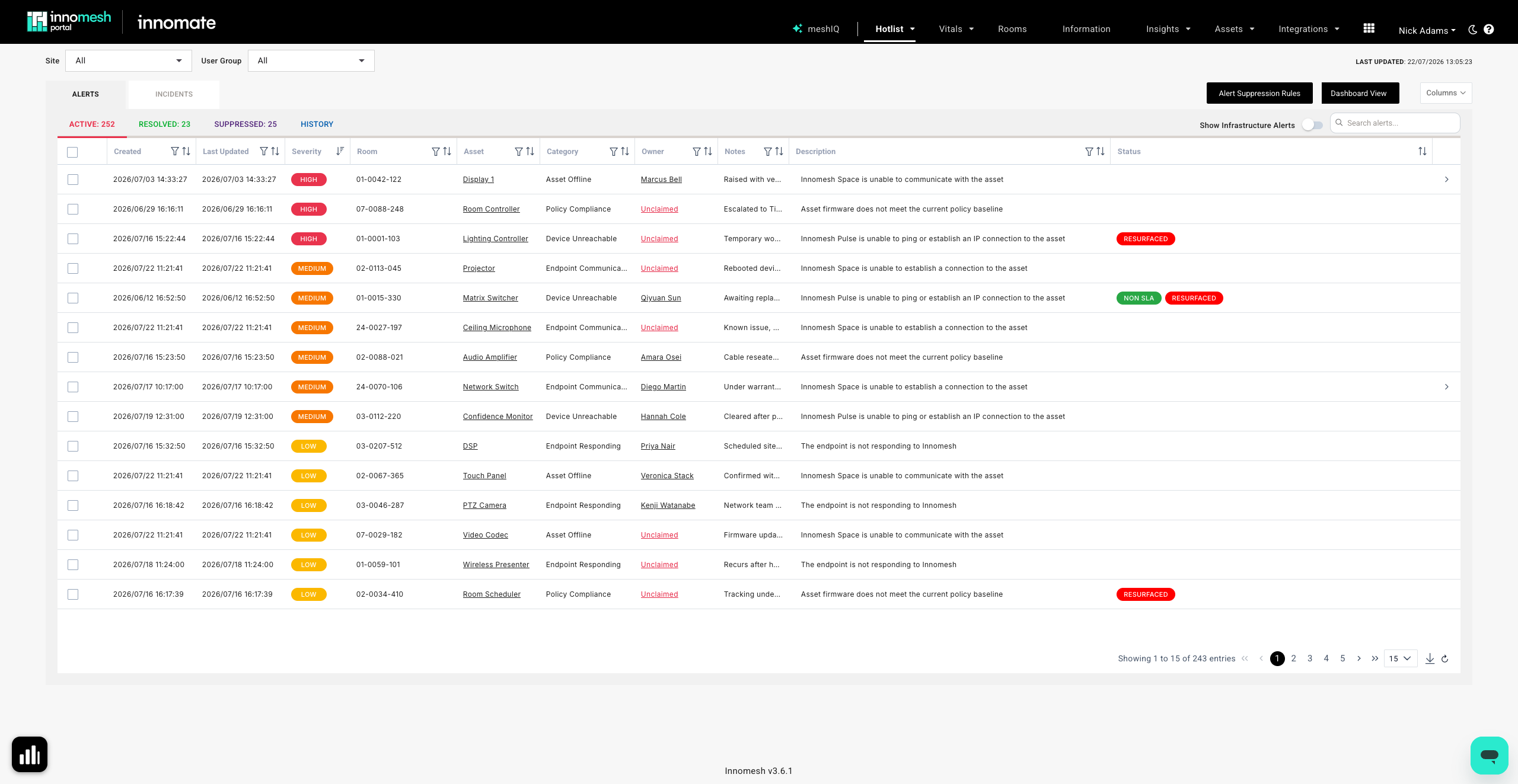 Redesigned Hotlist showing a single active alert list with severity as a column and a Show Infrastructure Alerts toggle