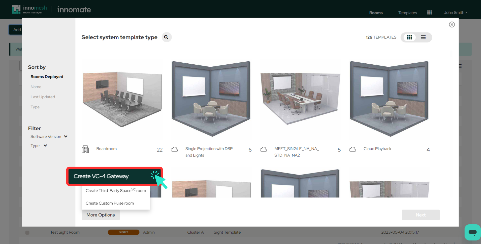 System template picker in Room Manager with the "Create VC-4 Gateway" option highlighted in the Add New Room menu.