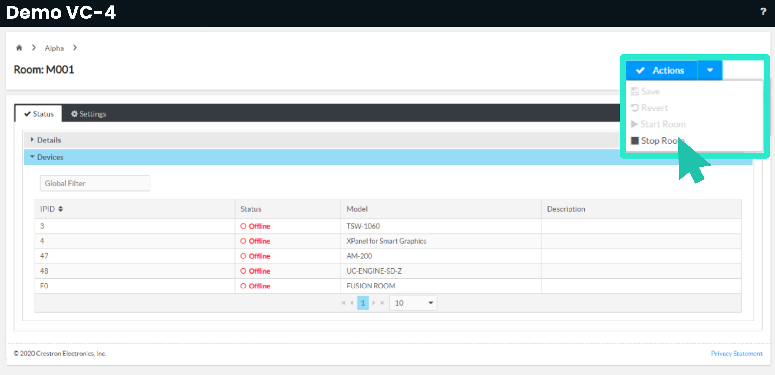 Room tab showing the Actions dropdown expanded with the Stop Room option.