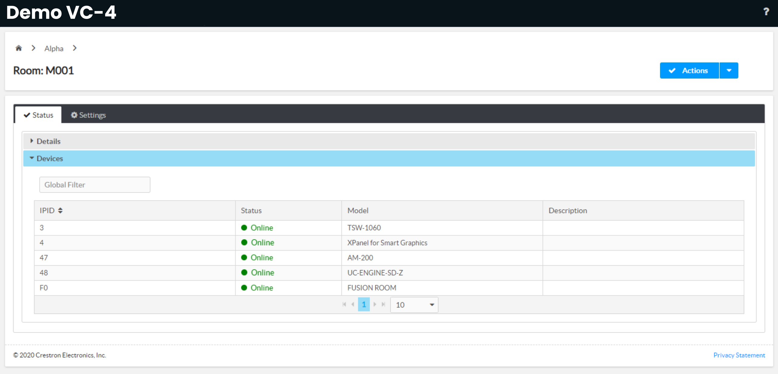 Room diagnostics view with native devices reporting an online status after the restart.