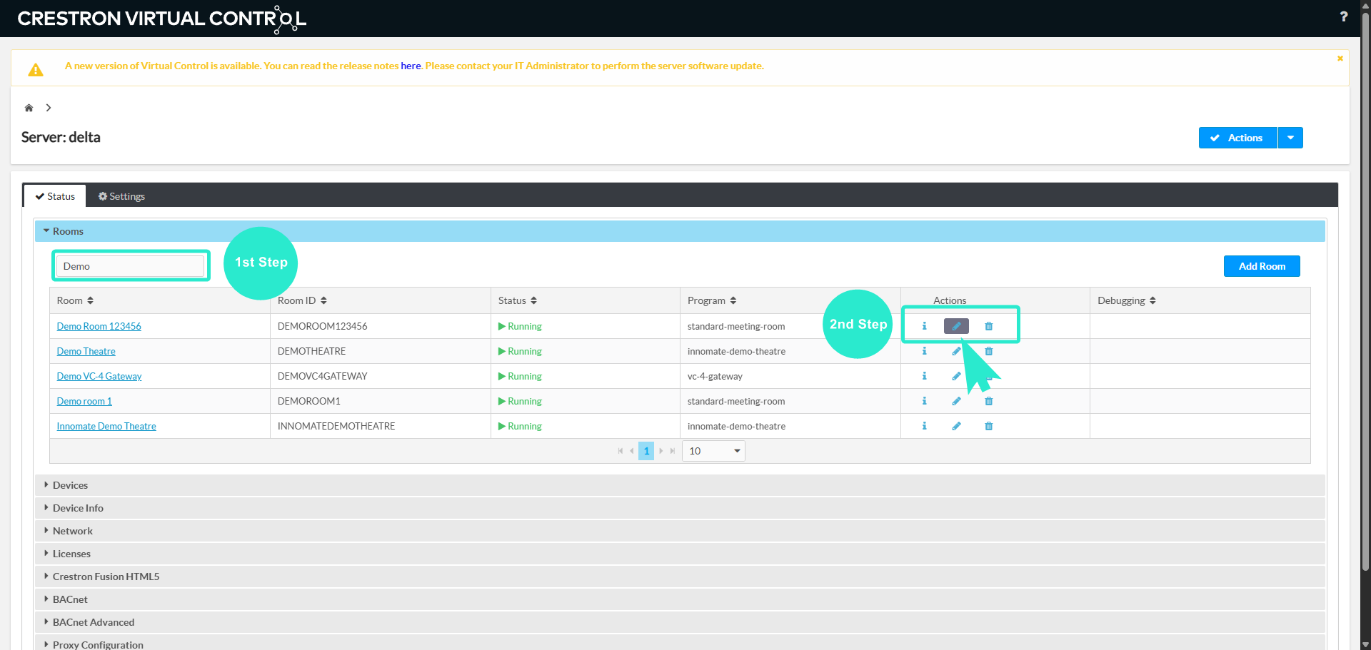 Crestron VC-4 rooms list with the pencil edit icon used to open a room's dedicated tab.
