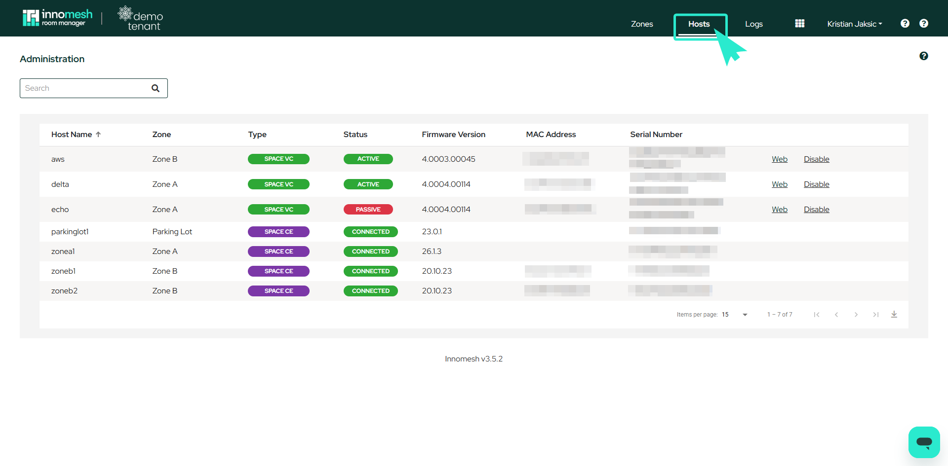 In Administration mode, you can locate the "hosts" tab, which provides access to your dedicated Crestron VC-4 servers.