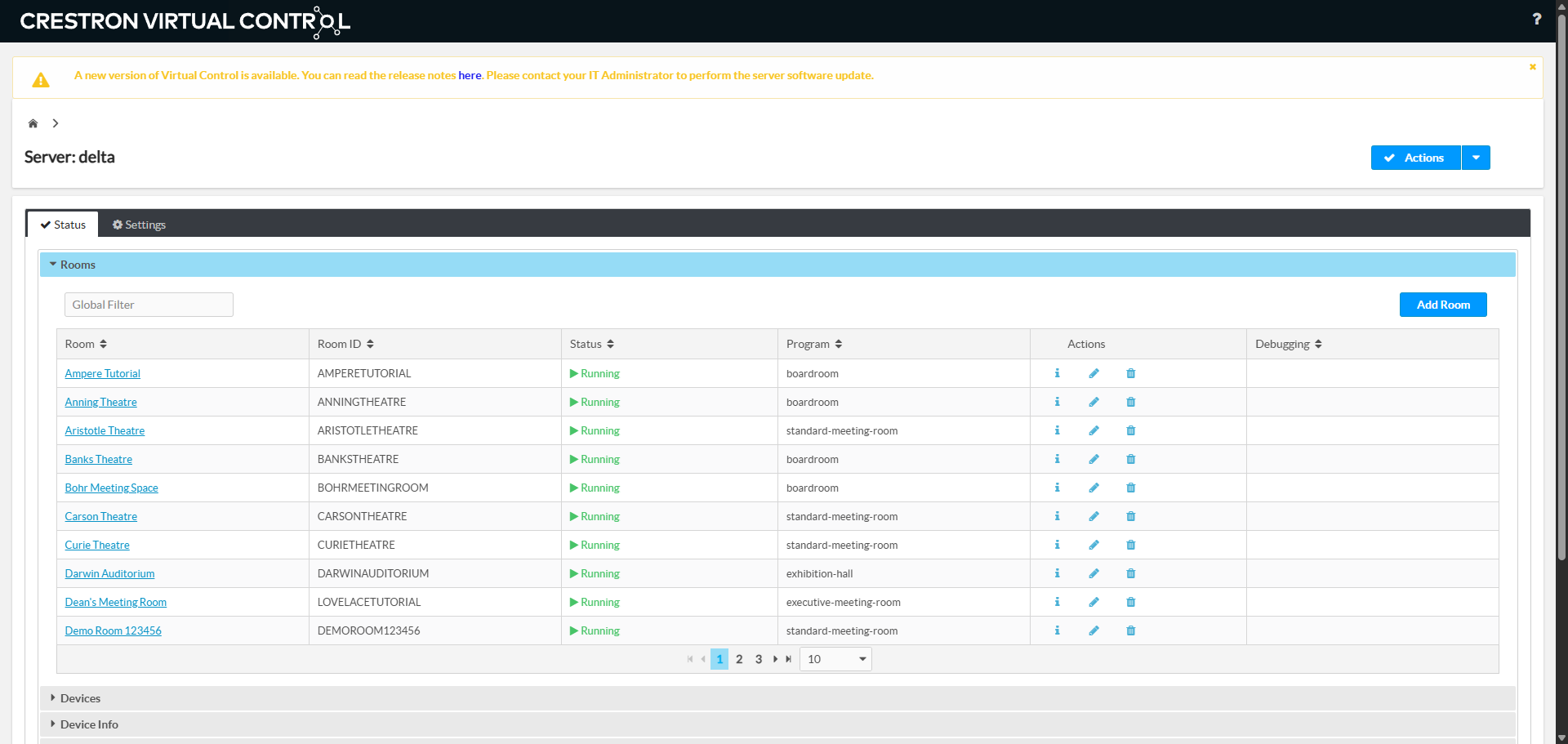 Crestron VC-4 server web interface loaded after signing in.