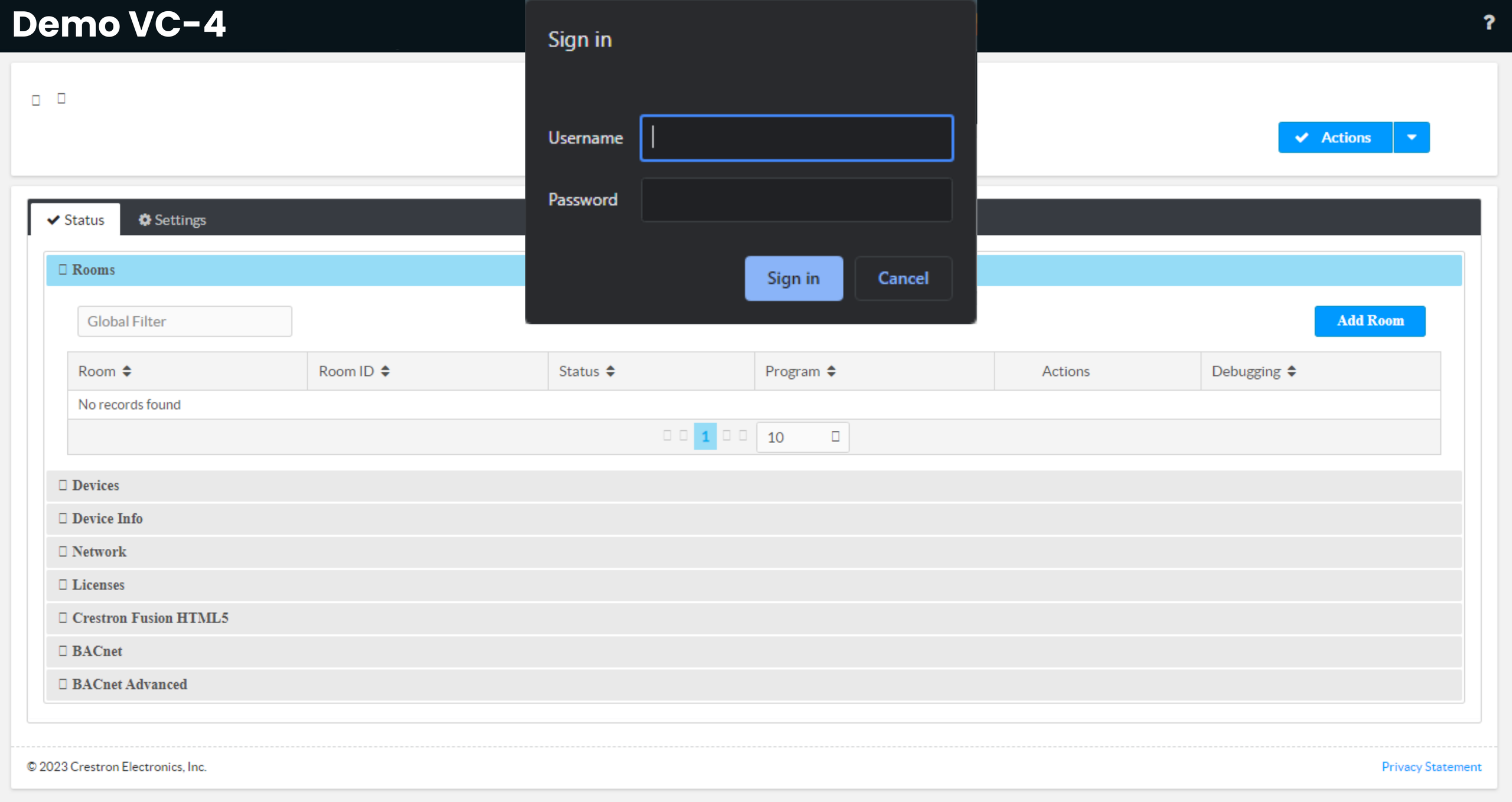 Browser Sign in dialog prompting for Crestron VC-4 server credentials.