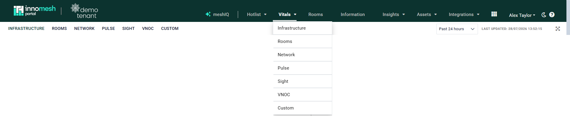 Vitals top menu dropdown open showing the Infrastructure, Rooms, Network, Pulse, Sight, VNOC, and Custom dashboards, with the submenu tabs below