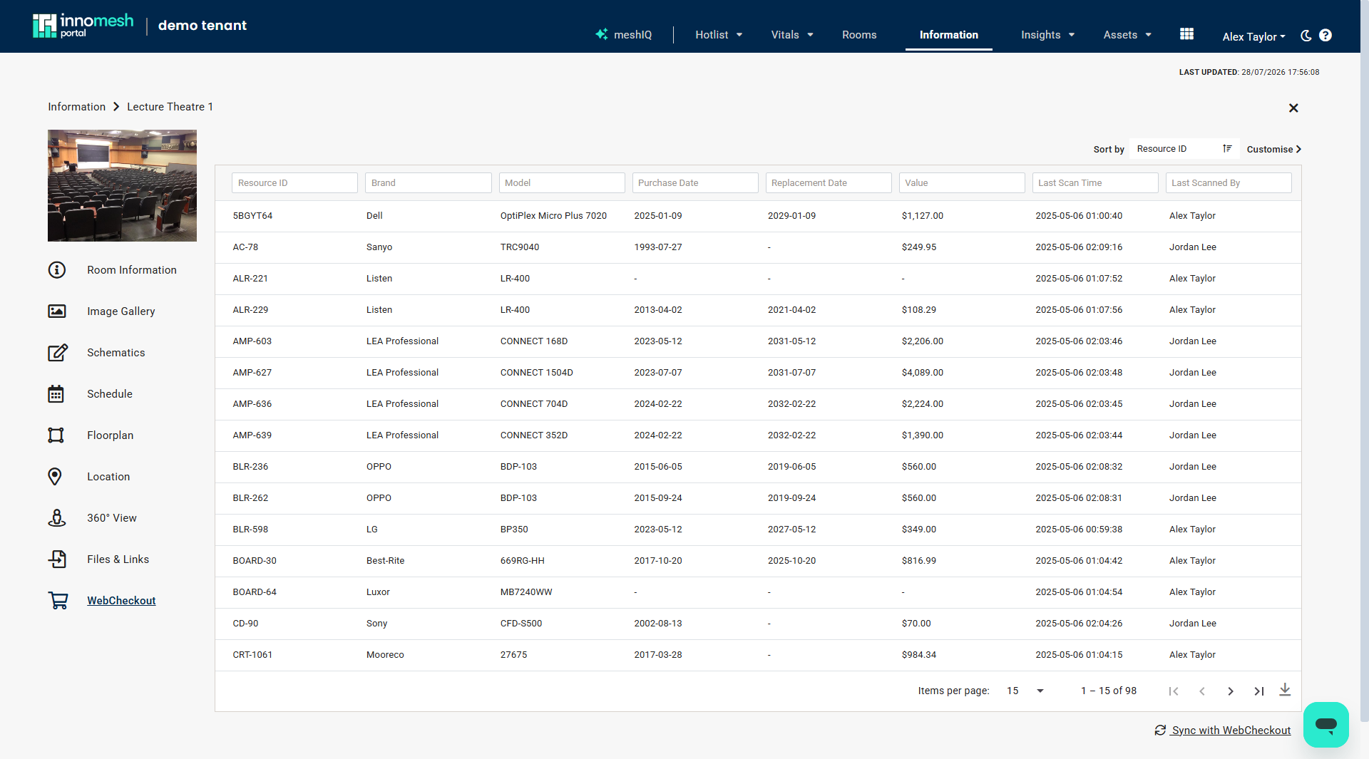 WebCheckout tab in a room's Information view listing assets with resource ID, brand, model, purchase and replacement dates, value, and last scan details