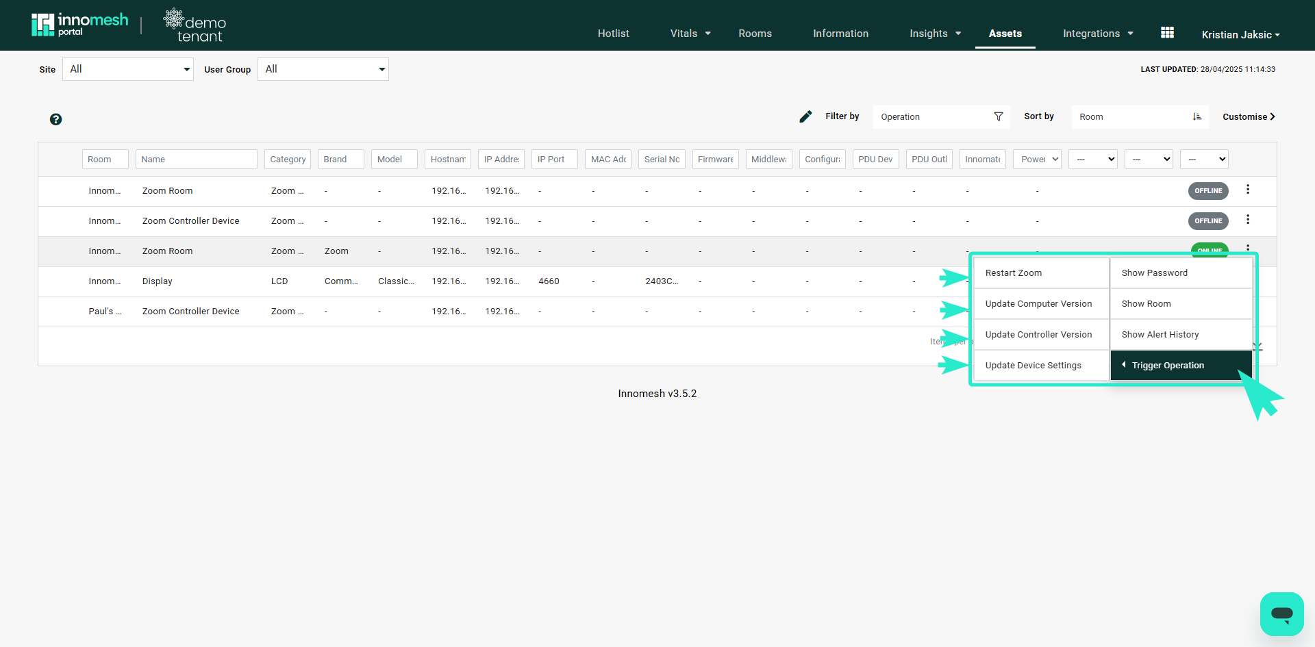 Zoom Room assets with expandable dropdown menu