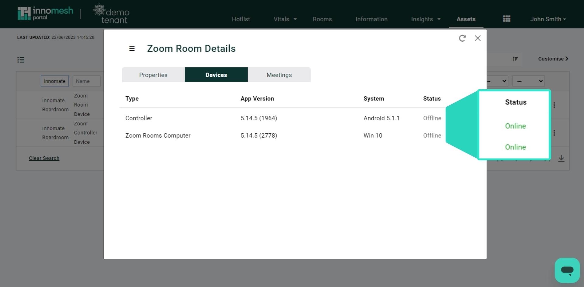 Zoom Room Devices tab showing connected devices