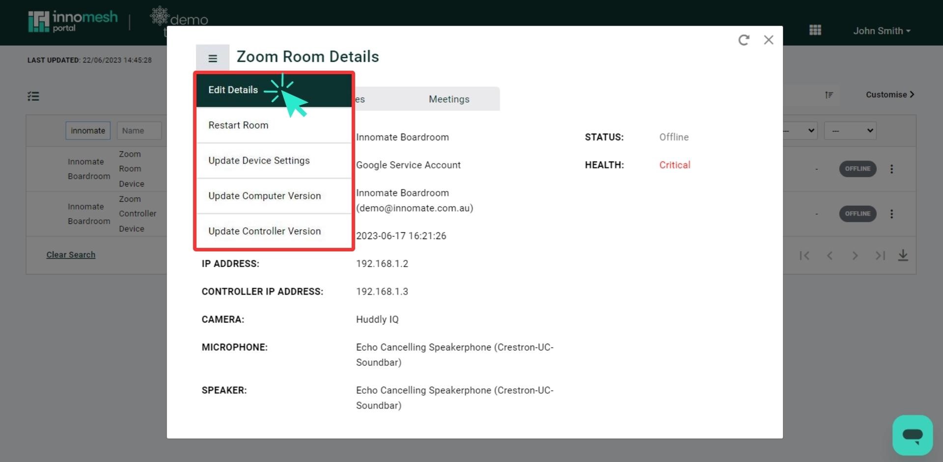 Zoom Room dropdown menu for room actions