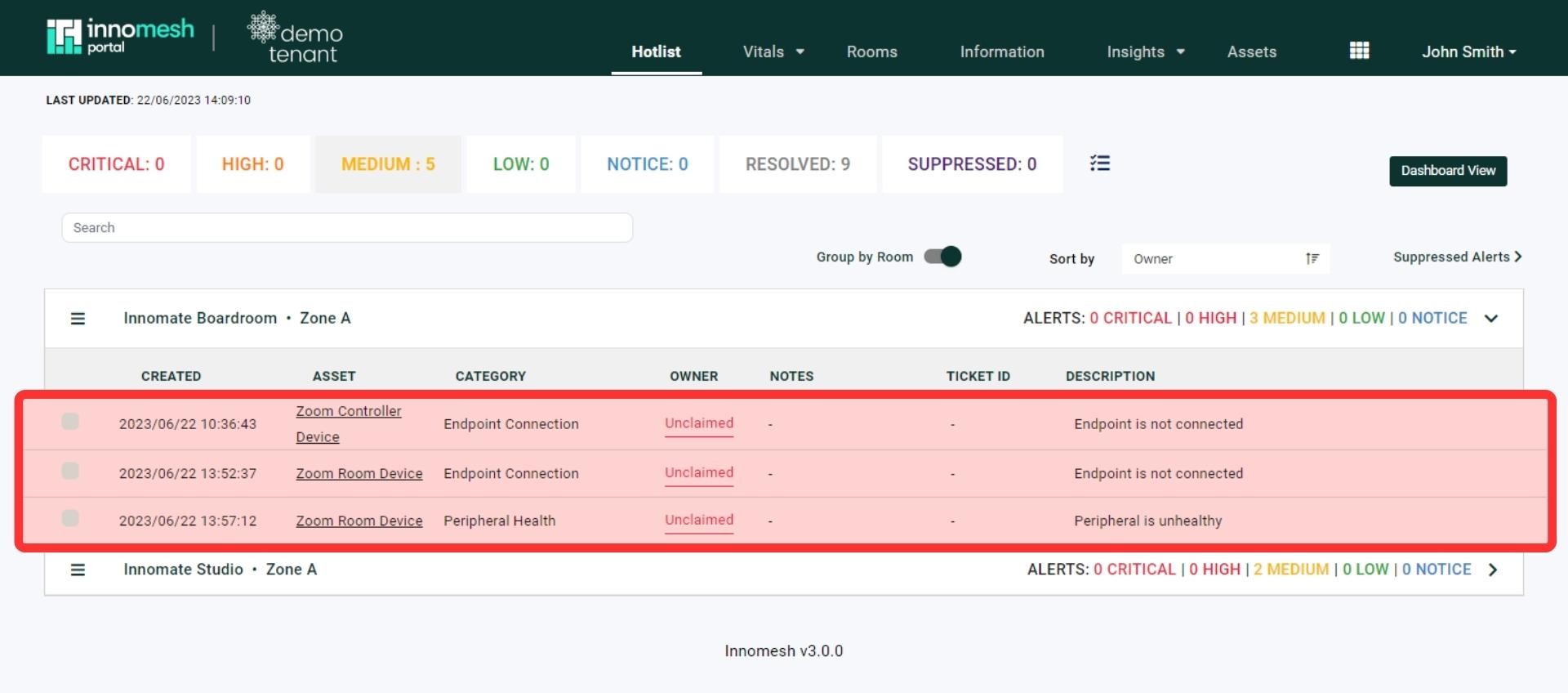 Zoom Room alerts displayed in the Hotlist
