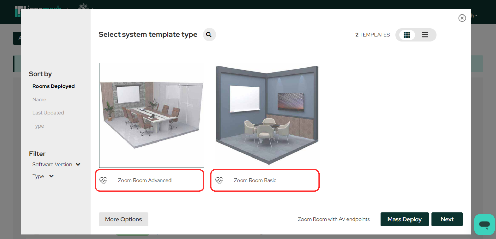 Zoom Room onboarding and template selection process
