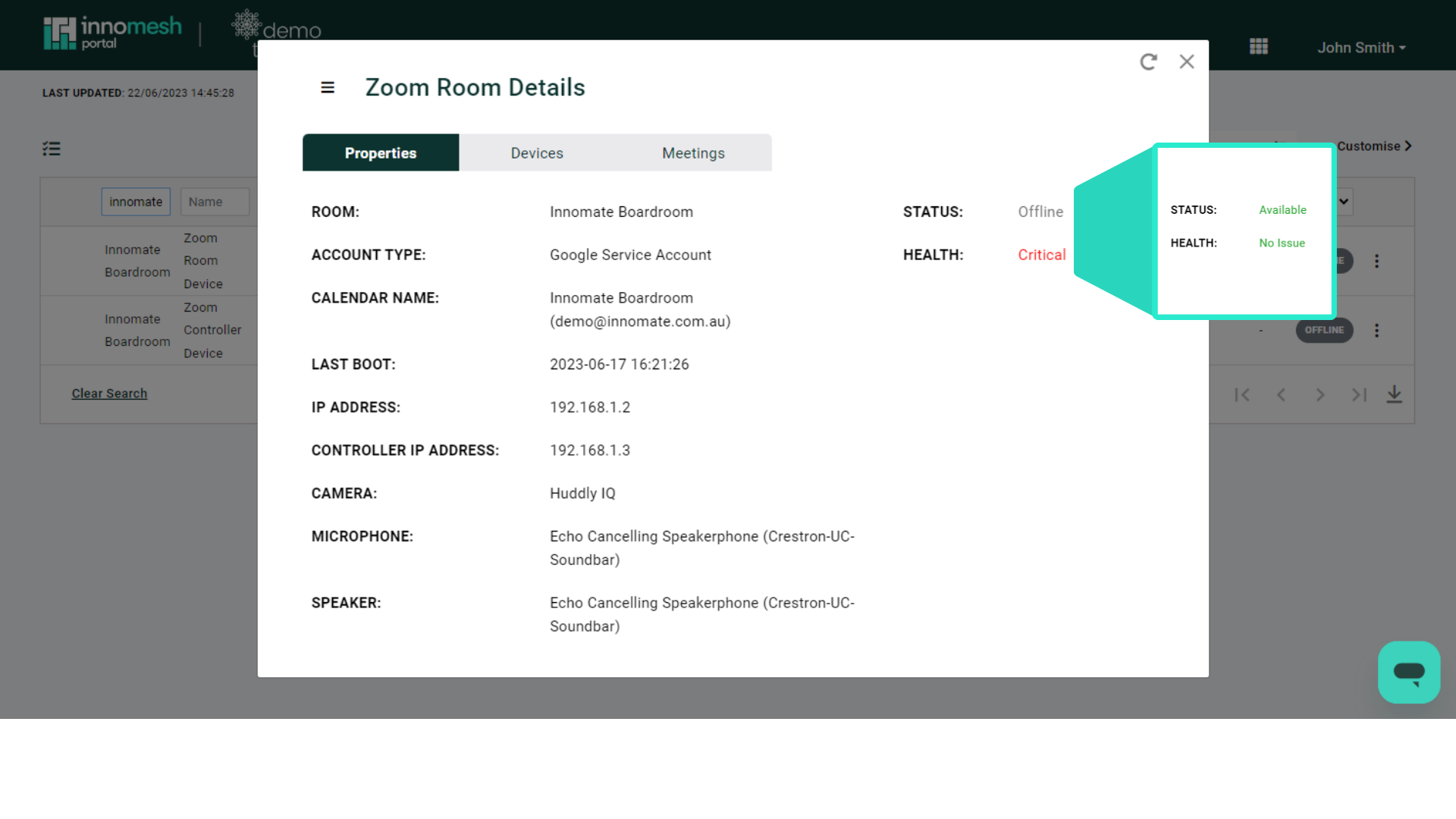 Zoom Room Properties tab showing room configuration